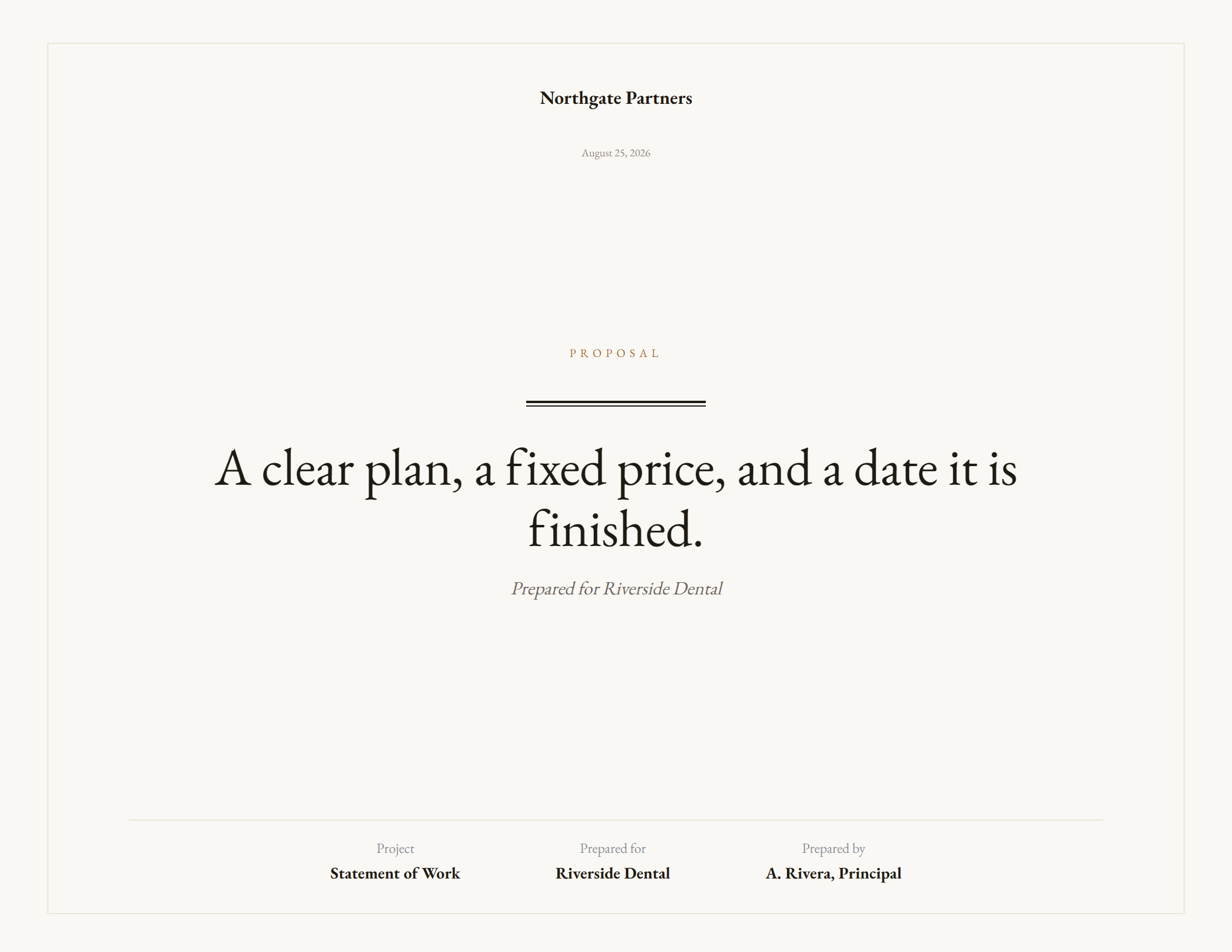 Vellum theme cover in landscape: warm paper, a hairline frame and a centred serif title under a double rule.