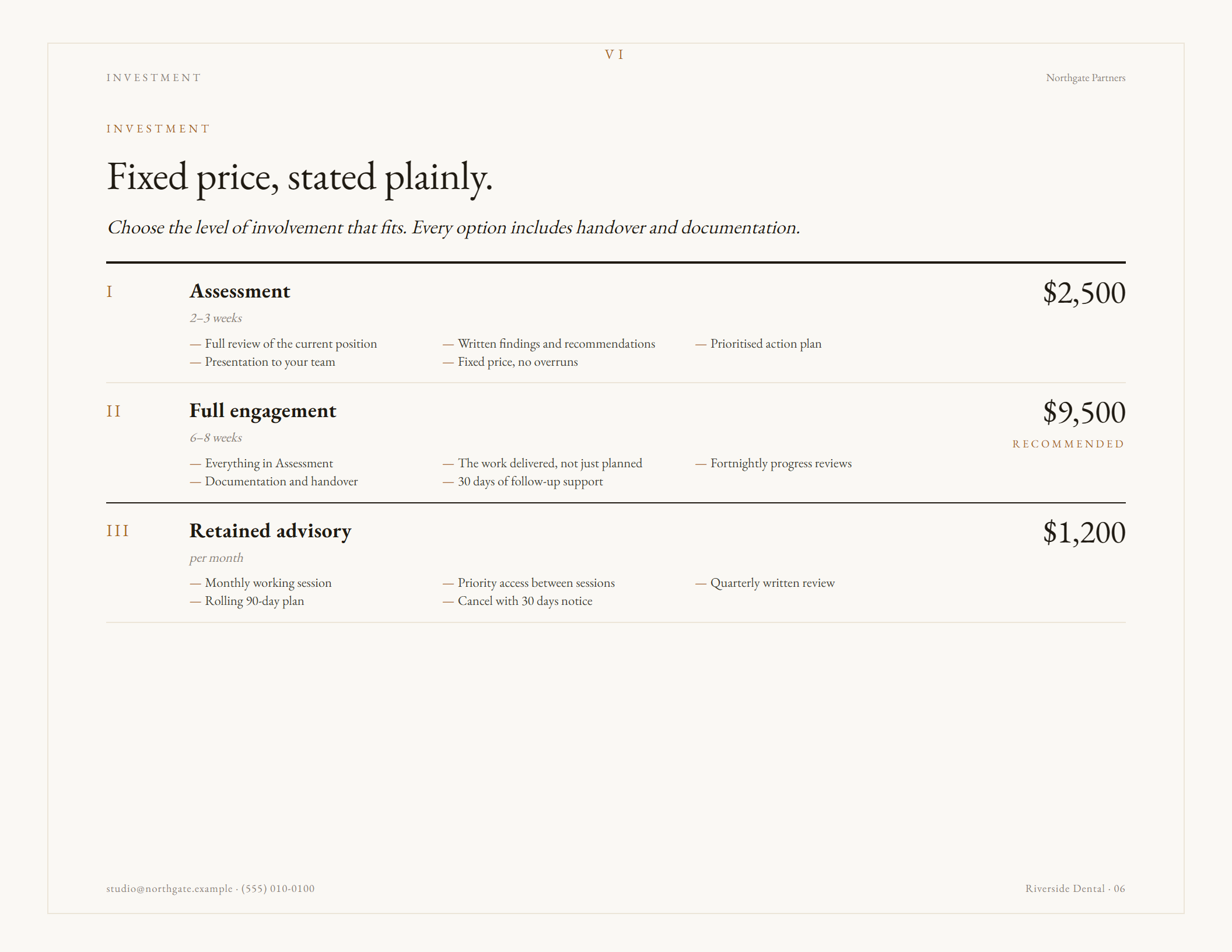 Vellum theme investment page in landscape: a ruled schedule with figures aligned to the right margin.