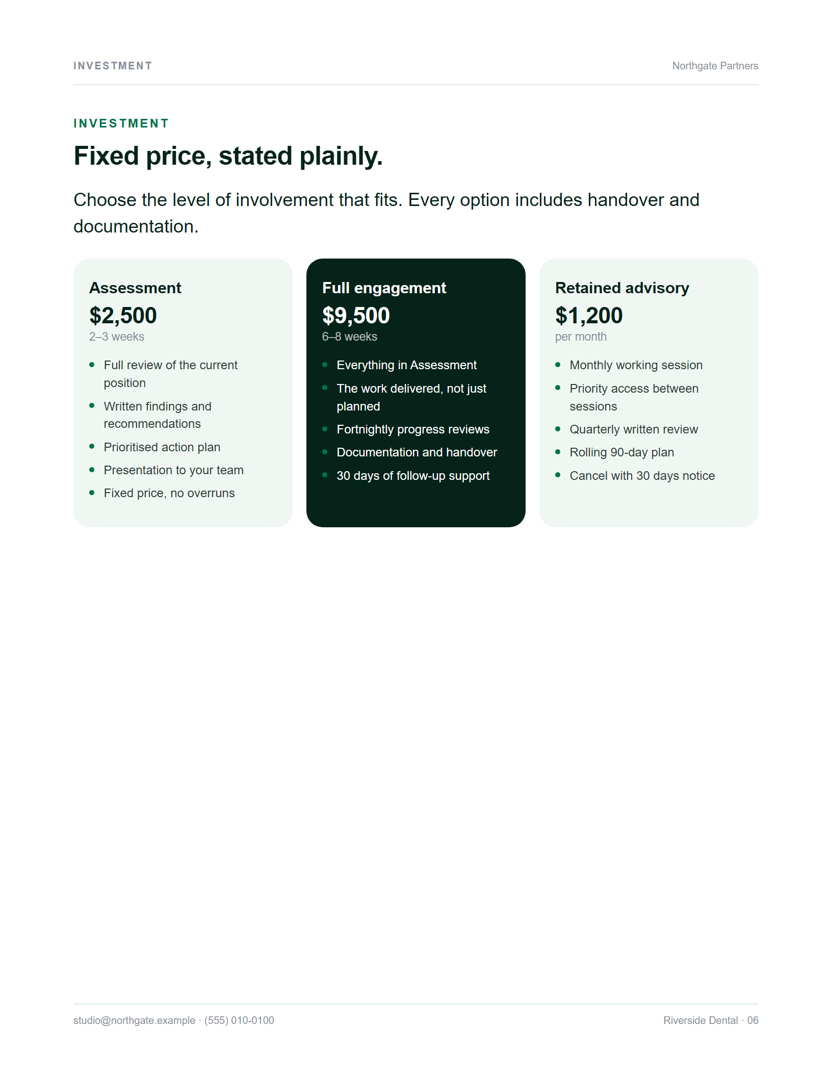 Classic theme investment page in portrait: three plan cards re-cut for the narrower measure.