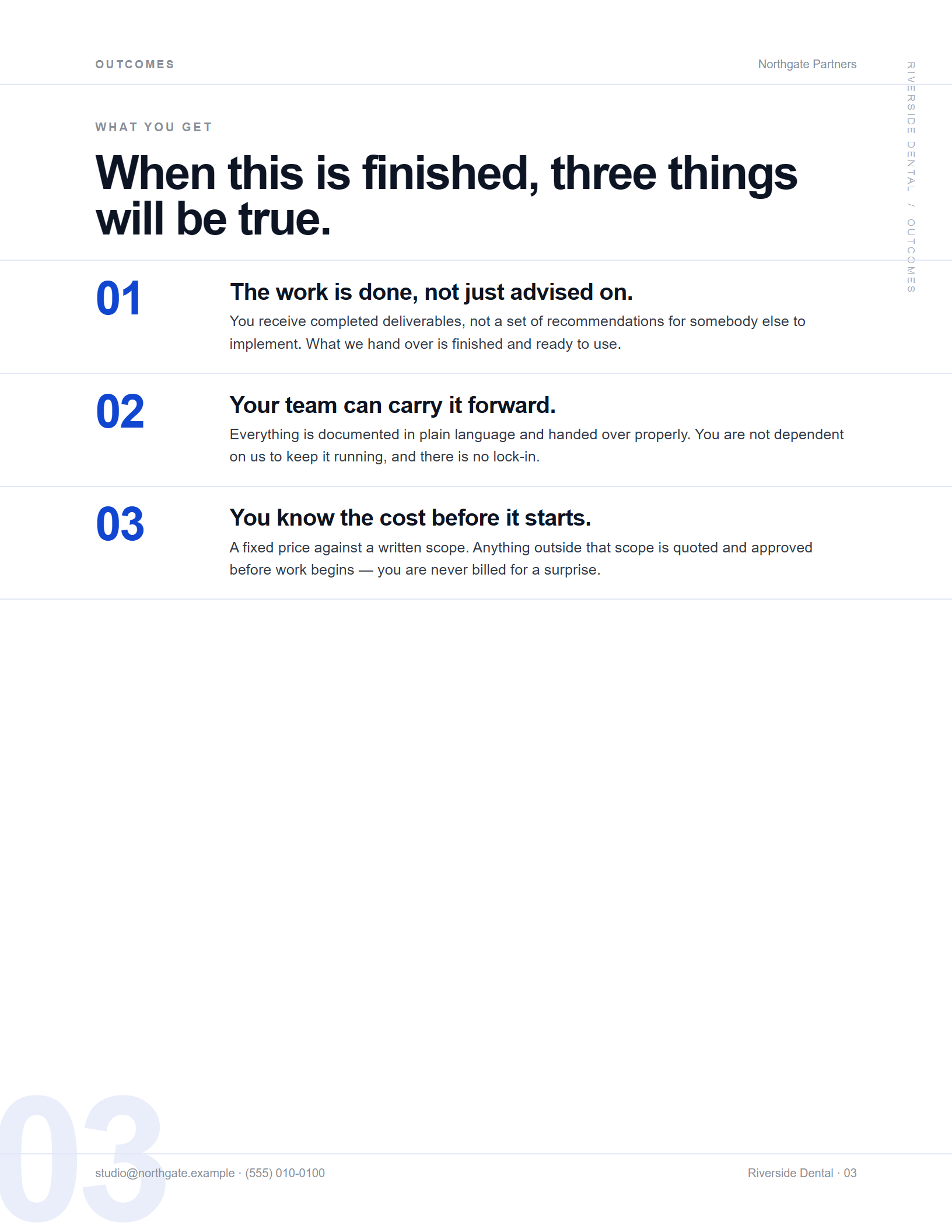 Dossier theme in portrait: outcomes stacked full width, divided by rules running to the page edge.
