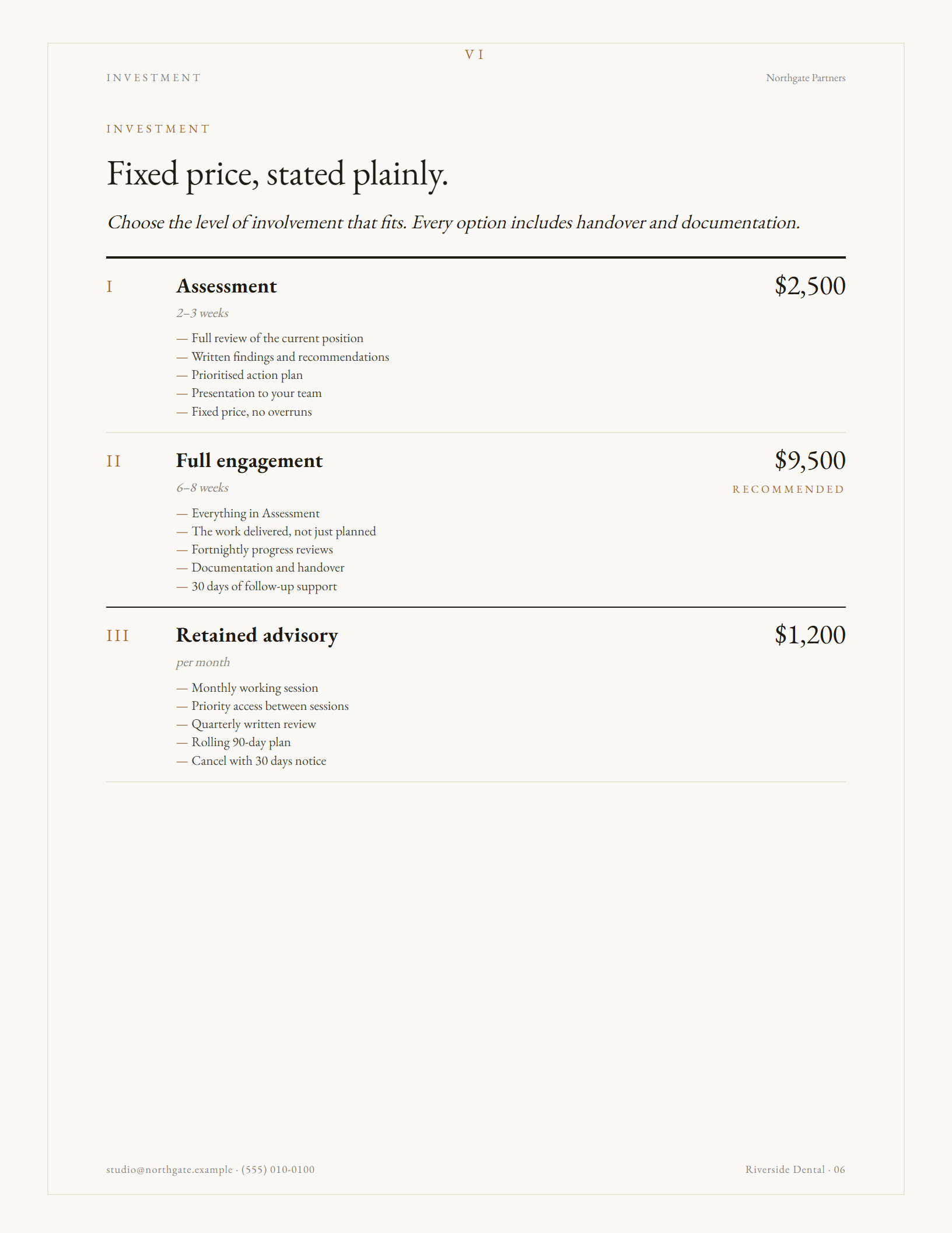 Vellum theme investment page in portrait: a ruled schedule with a single column of inclusions.